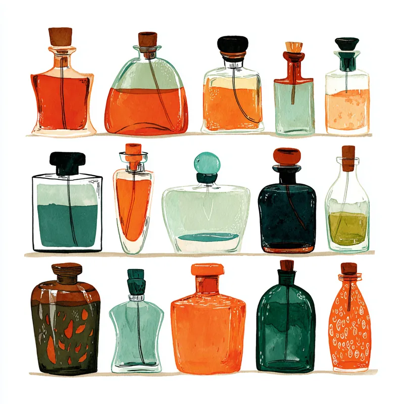 Character browsing a shelf of perfume bottles