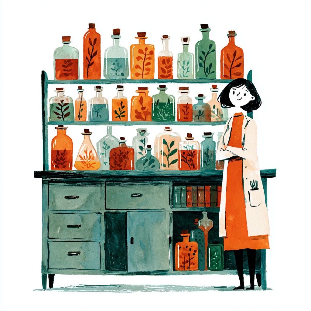 Illustration of a perfumer leaning against a cabinet of bottles