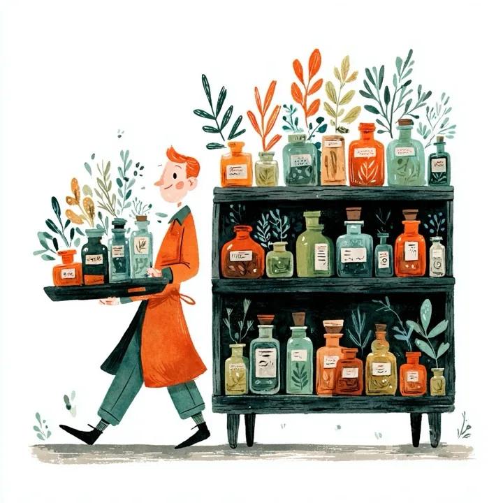 Character carrying perfume bottles to a shelf