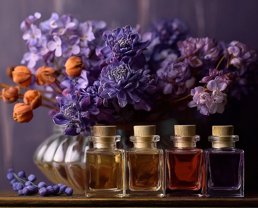 Perfume decant bottles with purple flowers
