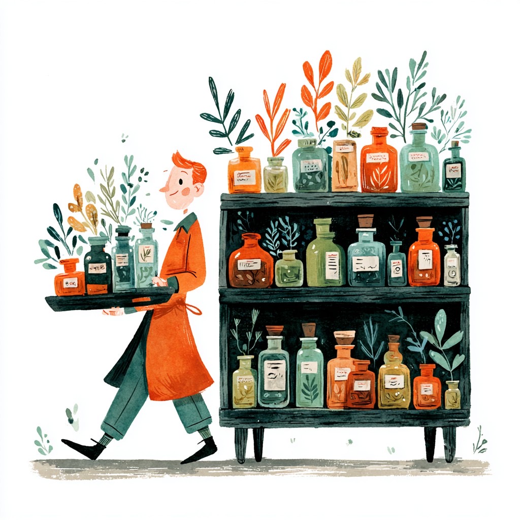 Character carrying perfume bottles to a shelf