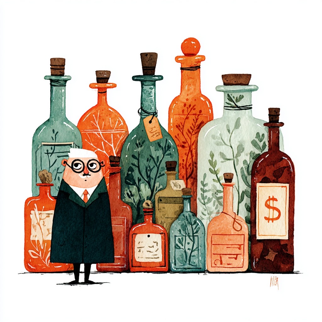 Character standing among bottles with price tags