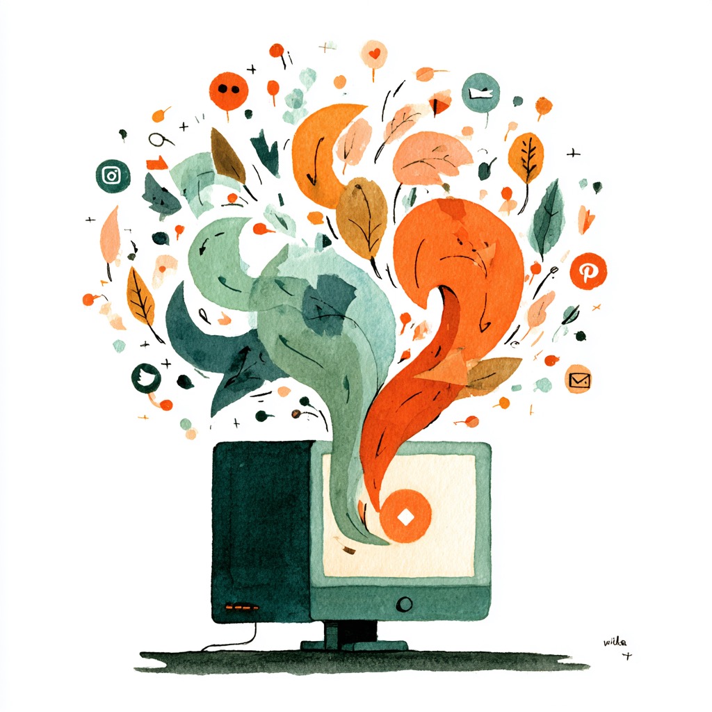 Computer screen with sharing icons bursting out