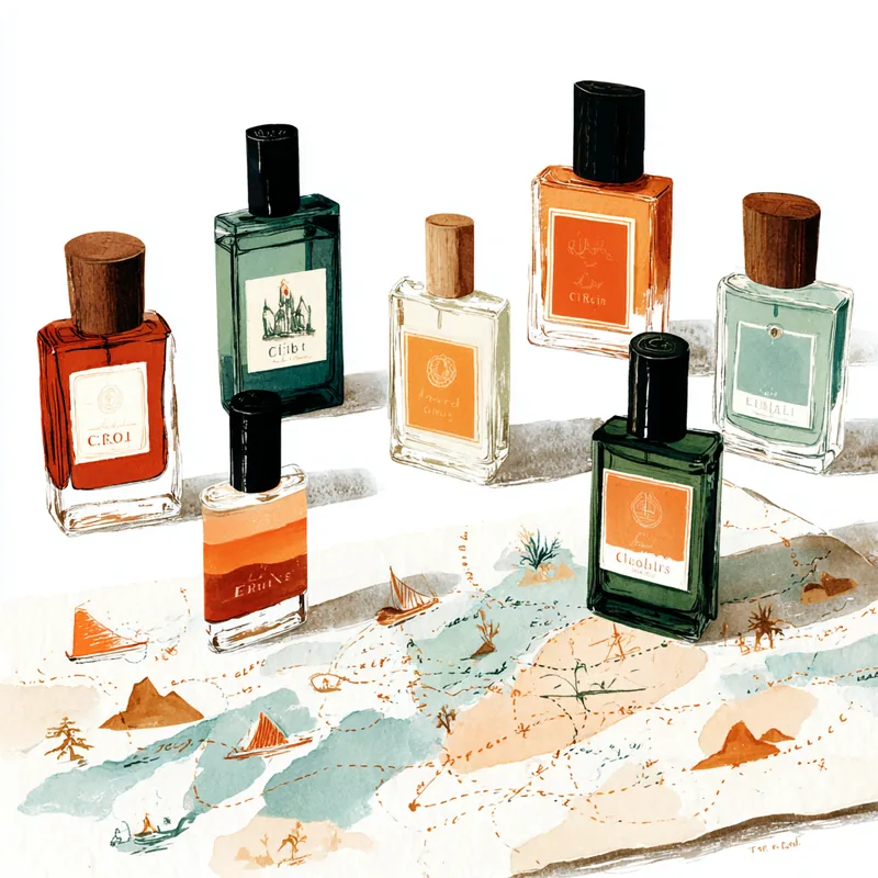 Niche perfume bottles arranged on a hand-drawn travel map